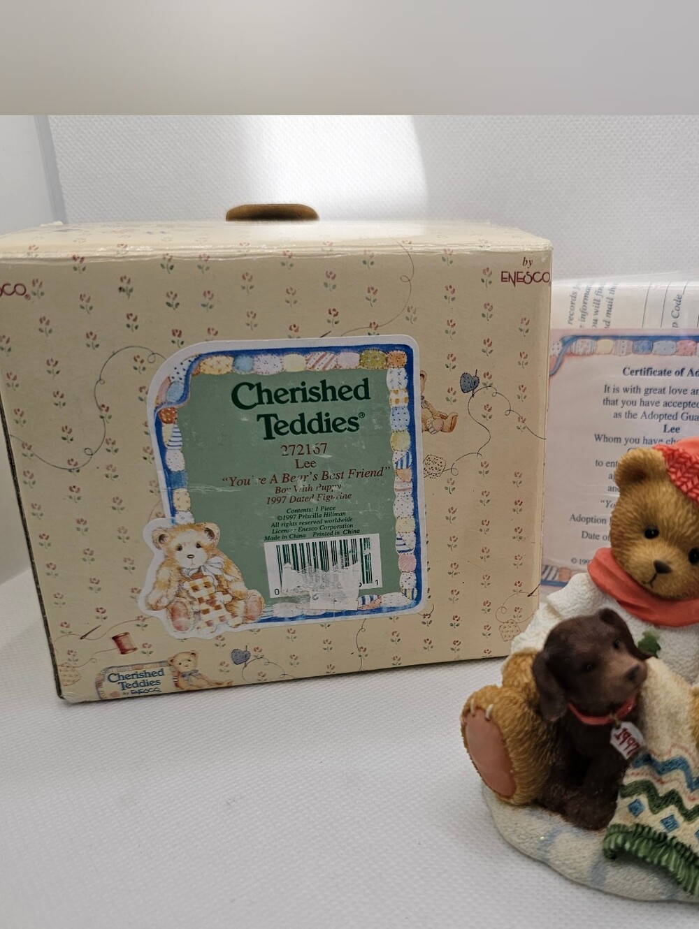 New Cherished Teddies Figurine LEE Boy puppy Bear Best Friend Hat dog Winter